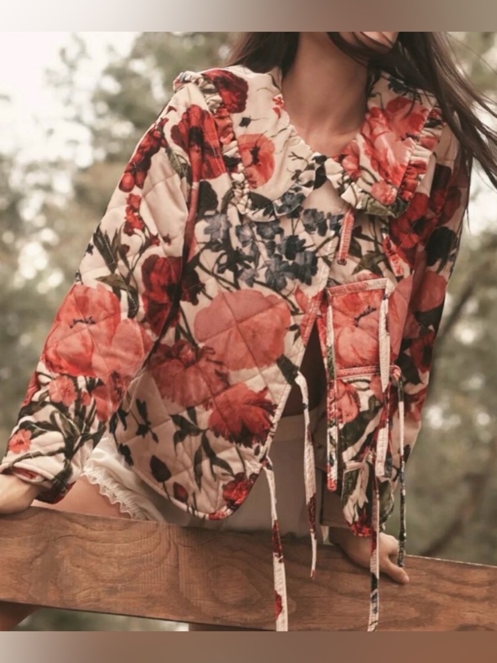 Maeve Quilted Floral Tie-Front Jacket in Cream, Red and Green